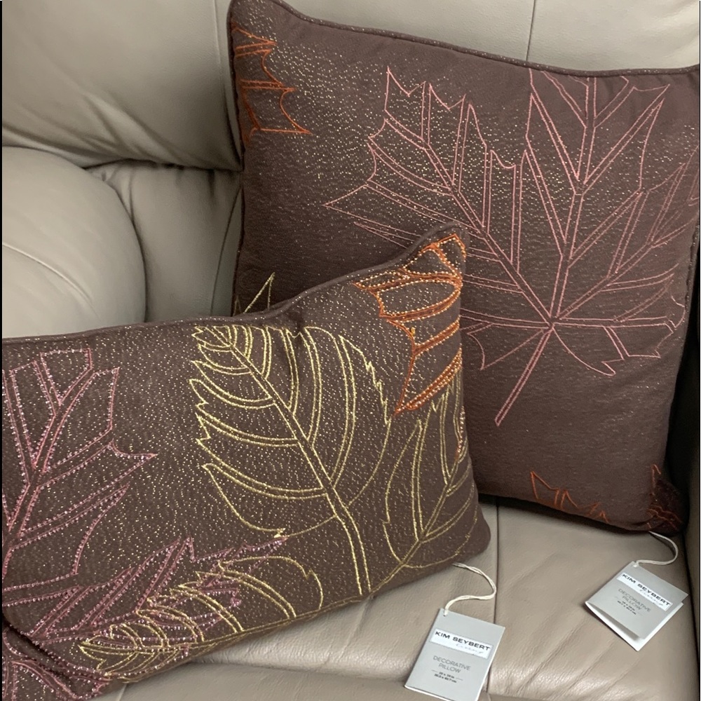 Kim Seybert Embroidered Leaves Throw Pillows Duck Feather Brown/Gold NWT S/2
